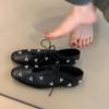 Fashion Spring Metal Rivet Decoration Shallow Mouth Ballet Flats 2025 High Quality Soft Bottom Lacing Flat Shoes Casual Comfy Shoes