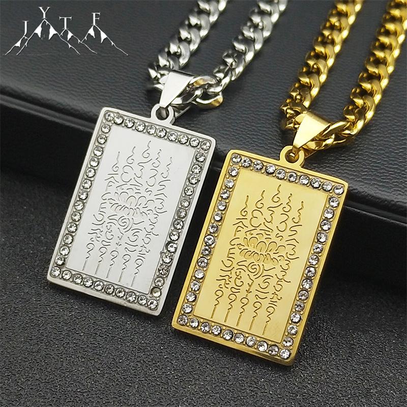 Thailand Schrift Boeddhistische Plaquettes Lotus Hanger Ketting voor Vrouwen Mannen Roestvrij Staal Goudkleurige Medaille Punk Amulet Sieraden