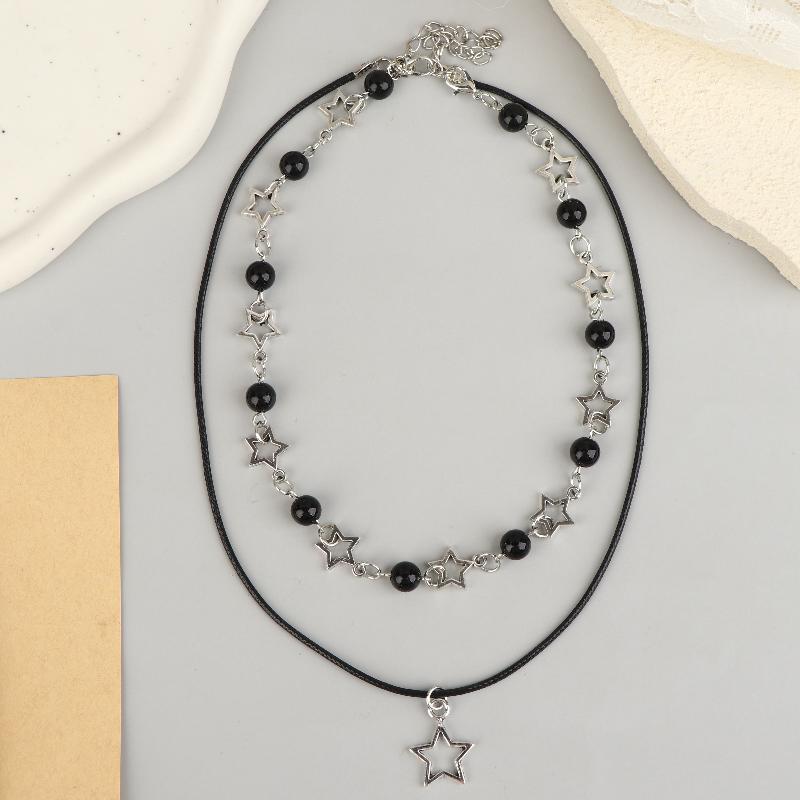 Dvouvrstvý černý korálkový hvězdicový choker náhrdelník Punk pentagram kožené šňůrky Náhrdelníky pro ženy dívky