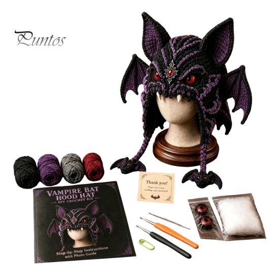 DIY Animal Hood Hat Halloween Crochet Kit, Skull Spider Bat Beginner Friendly Yarn Kit Spooky Pumpkin Earflap Craft for Adults Teens, Autumn