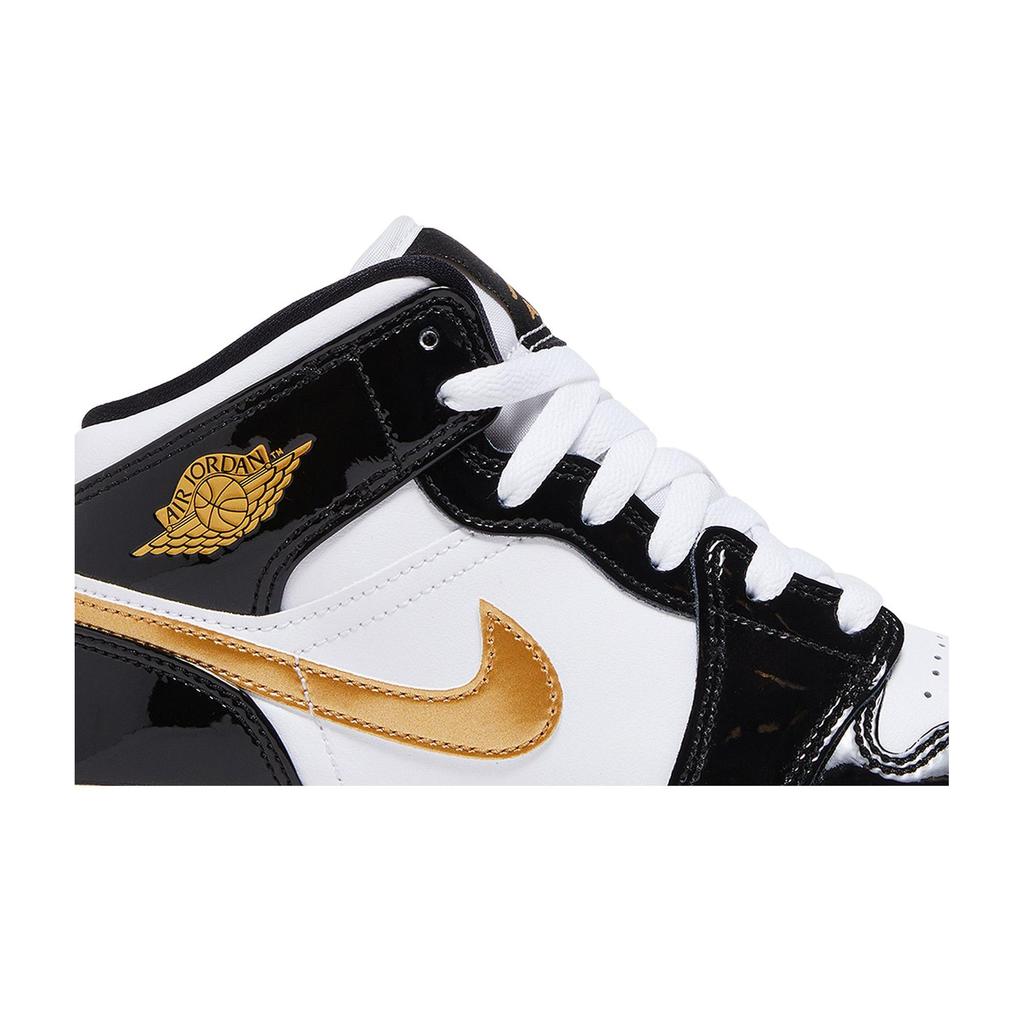 Air Jordan 1 Mid Patent SE dla dzieci 'Black Gold' (Dla obu płci) Dziecięce Buty do Koszykówki Czarne / Metaliczne Złoto / Białe BQ6931 007