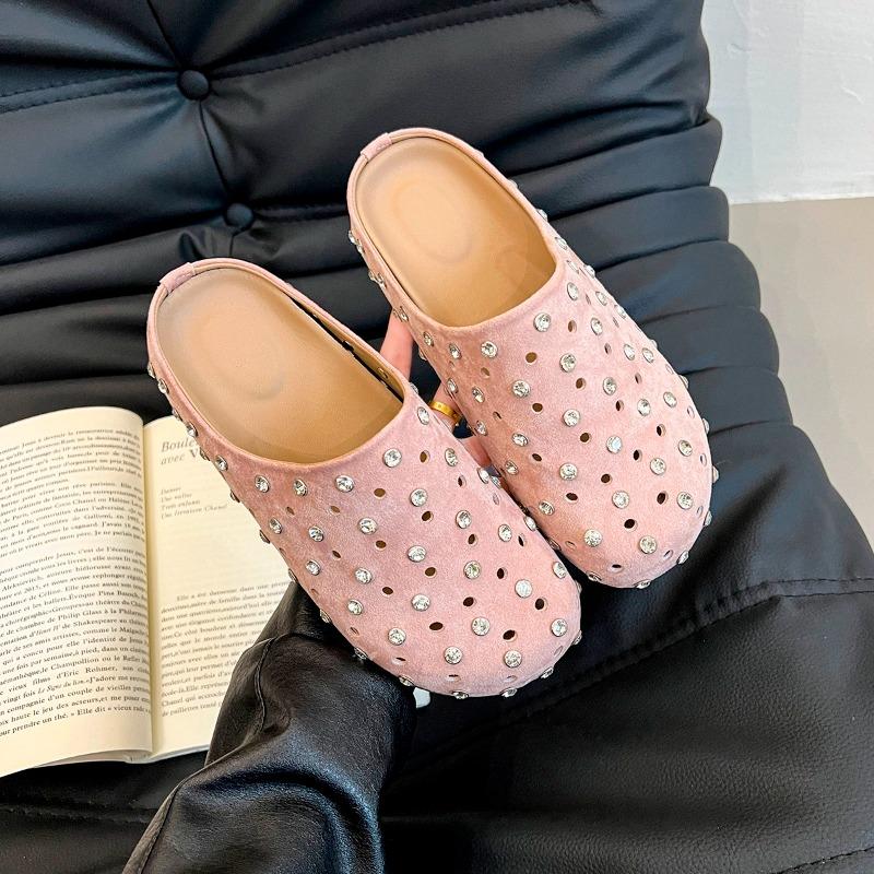 Fashion High-end Rhinestone Baotou Semi-slippers for Women 2025 Spring and Summer Hollow-out Slip-on Soft-soled Slip-ons
