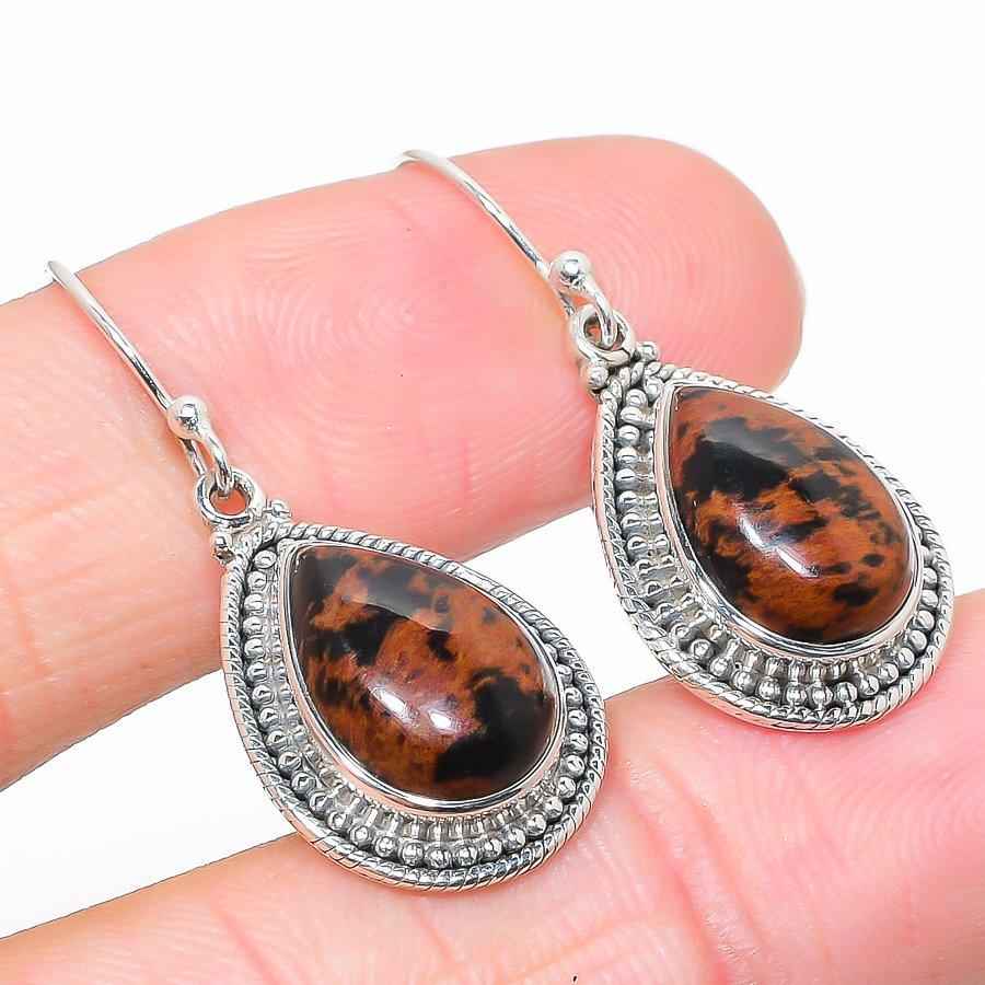 Natural Mahogany Obsidian Gemstone 925 Solid Sterling Silver Earring 1.50" i4Y15