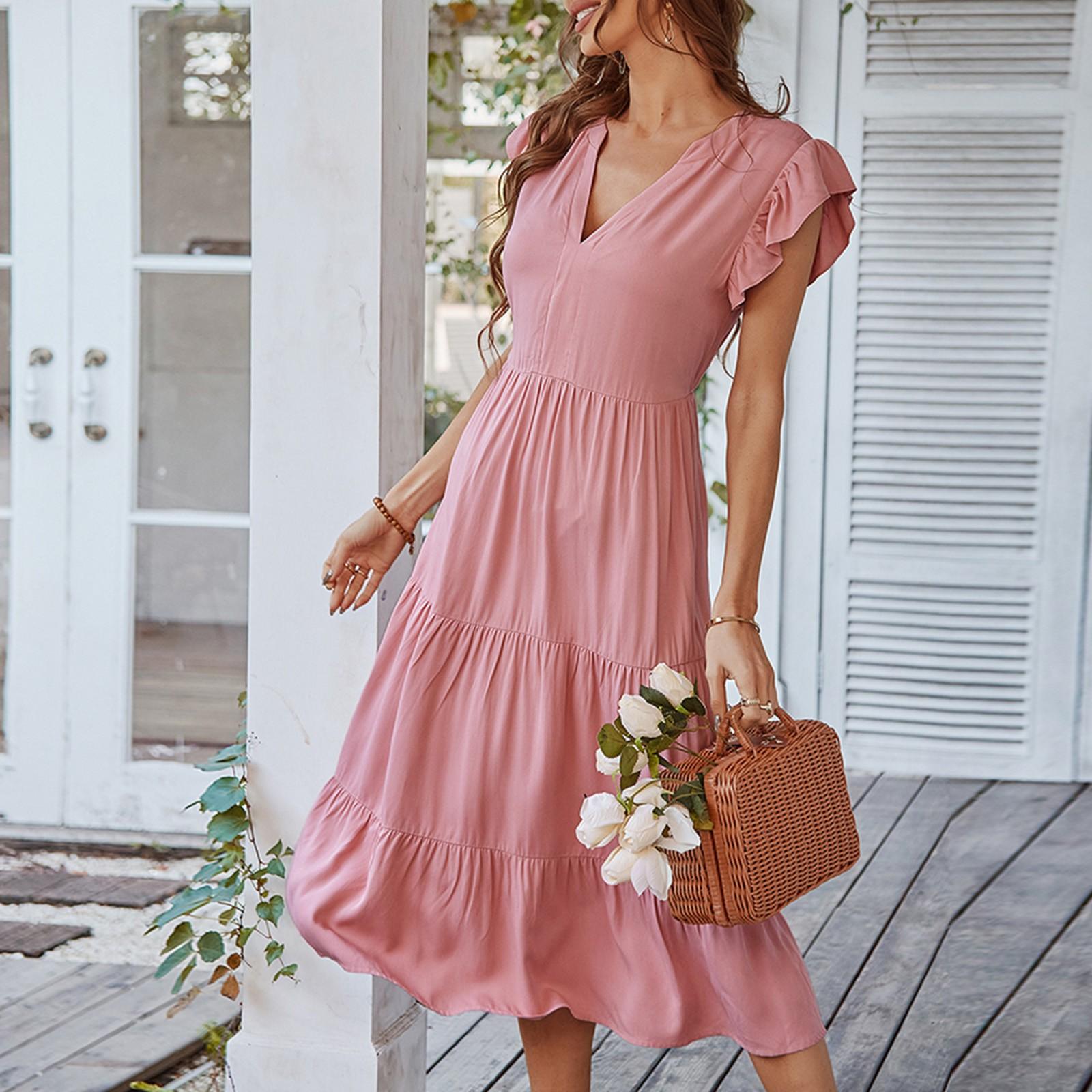 

Женское весеннее и летнее платье с v-образным вырезом и крестиком в горошек с кружевным платьем XL розовый