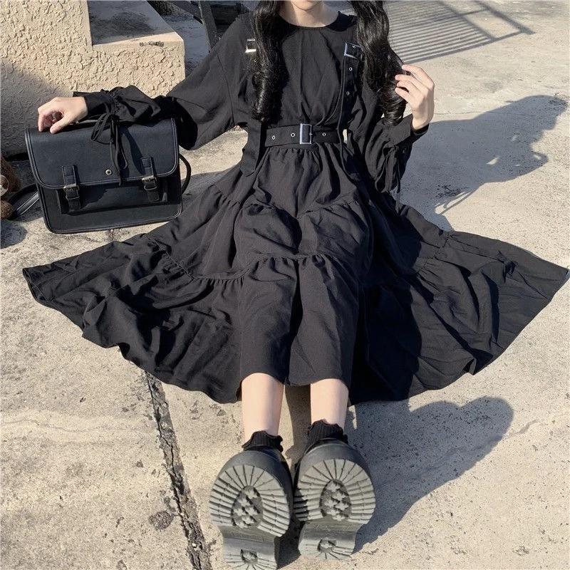 Japanese Sweet Lolita Dress Long-Sleeve Plus-Size High-Waisted Black Midi Dress Tummy-Control Pleated Swing A-line Skirt