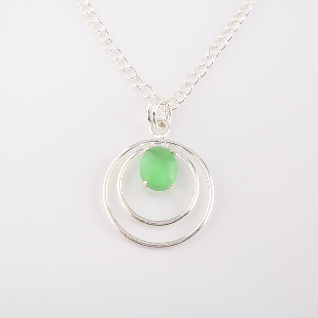 Rare Green Cat's Eye Gemstone 925 Sterling Silver Jewelry Handmade Pendant 1.65" PP-61-44