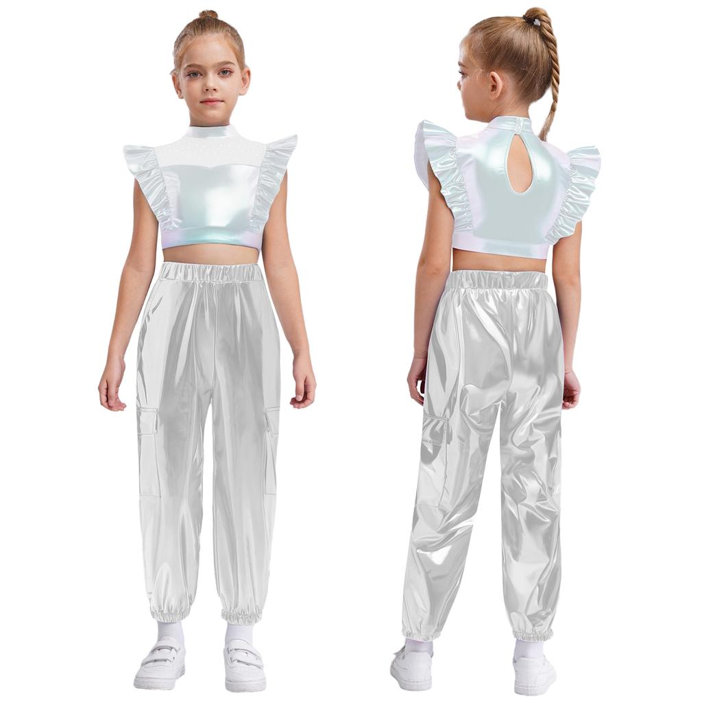 Kids Girls Hip-Hop Jazz Dance Set Mock Neck Rhinestone Mesh Patchwork Sleeveless Metallic Ruffle Crop Top with Shiny Cargo Pants