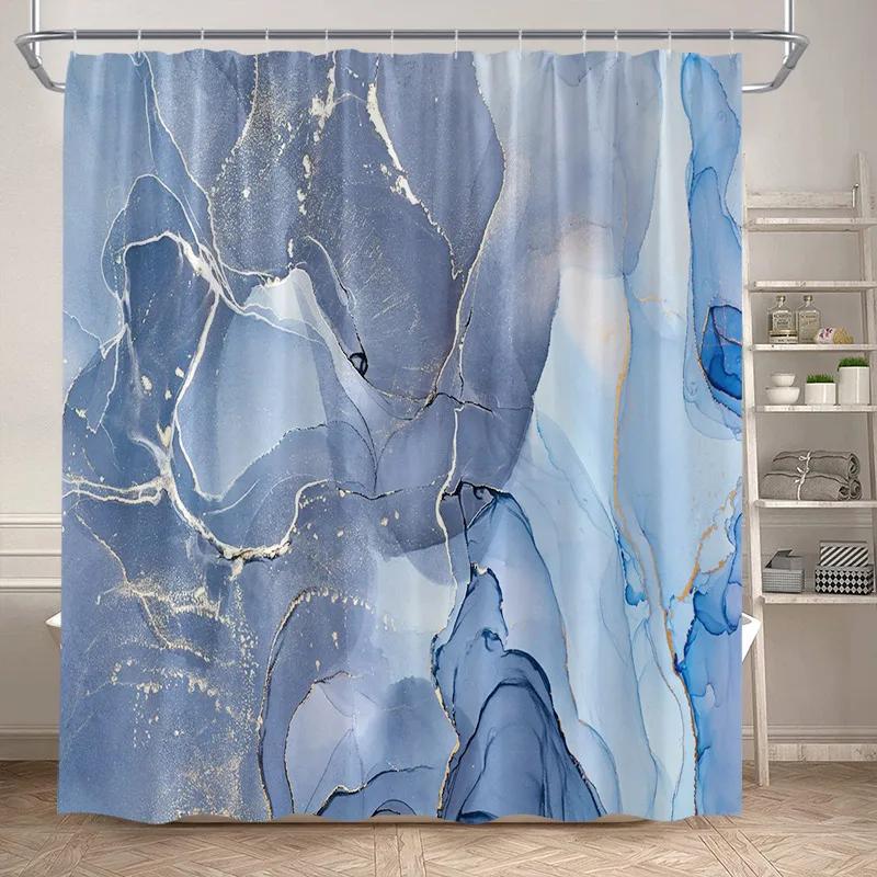 Abstract Marble Shower Curtains Black Green Textured Gold Crackle Modern Geometric Pattern Bathroom Curtain Decor Set with Hooks