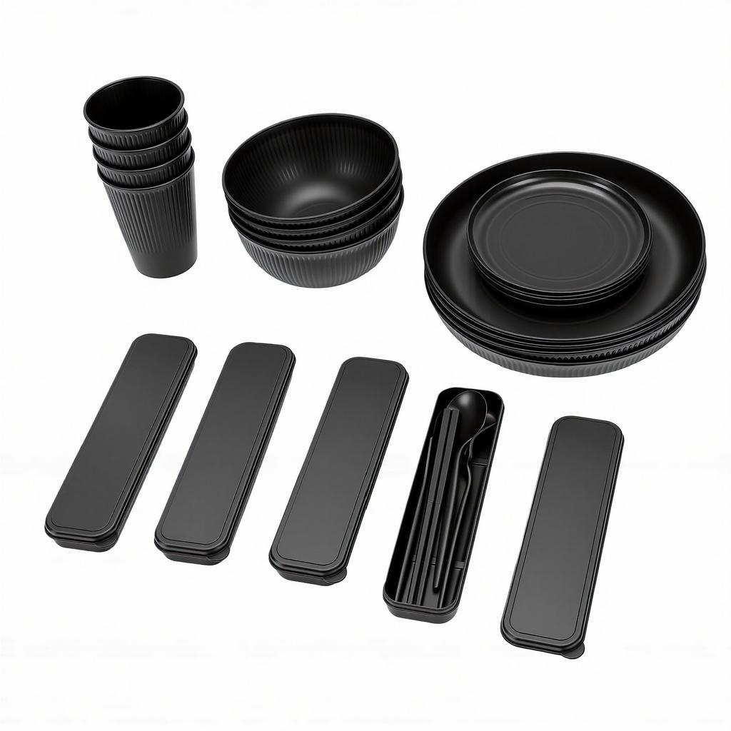 Dinnerware Set Service for 4 Dishwasher Microwave Safe Reusable PP Plates Bowls with Cutlery Set for Travel Camping