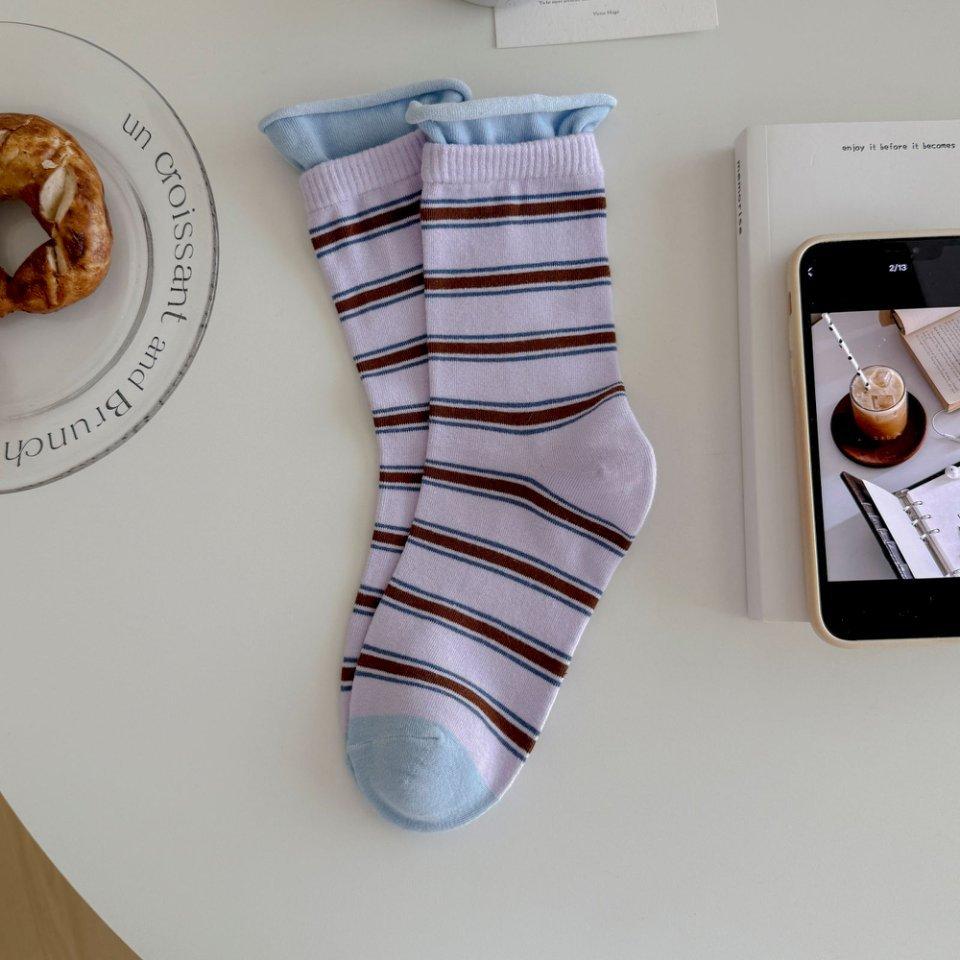 Trendy Autumn and Winter Rolled-up Double-screw Striped Mid-calf Socks for Women, Double-layer Loose, Non-tight-fitting, School-style Pile Socks