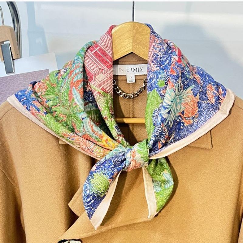 Double-sided Two-color Silk Wool Printed Silk Scarf Women's Tropical Jungle Silk Wool Scarf Light Luxury High-end Versatile Shawl