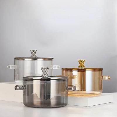 High Boron Silicon Glass Saucepan Clear Cooking Soup Pot Transparent Small Bear Glass Soup Pot with Lid Double Ear Cooking Tools