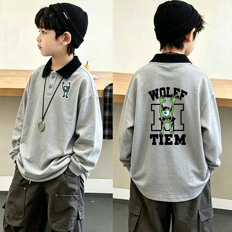 Color Block Korean Style Boys' Long Sleeve Polo Shirt - Patchwork Lapel T-shirt for Spring & Autumn (Ages 6-12)