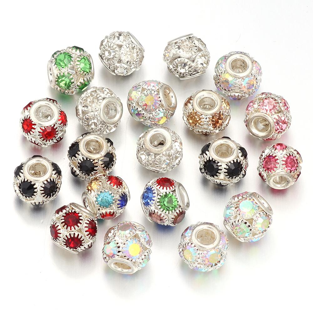 5pcs/lot Metal Beads With Colorful Rhinestones Big Hole Loose Spacer Beads For DIY Fashion Bracelet Necklace Jewelry Accessories