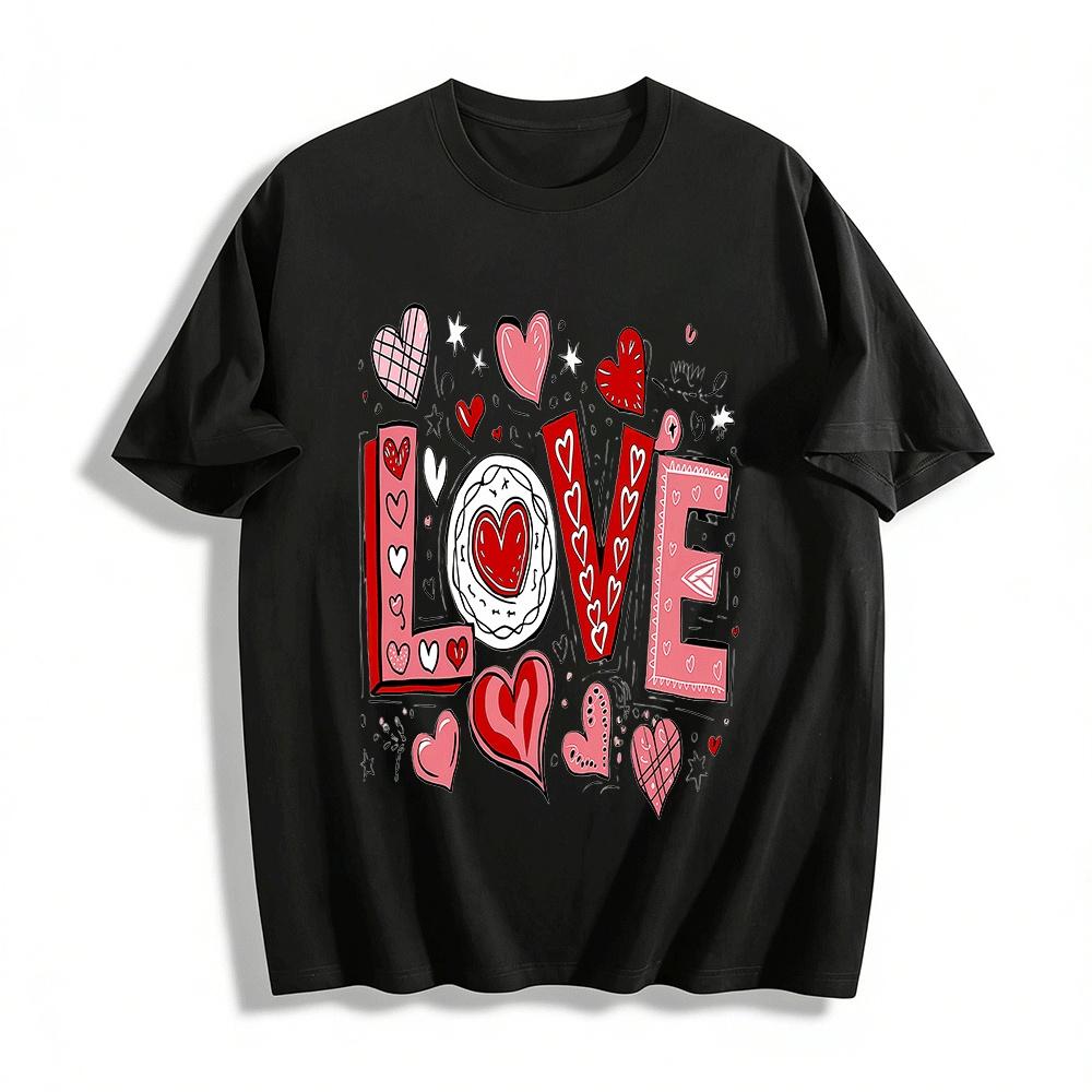 Love Heart Print Casual Loose Fit Crewneck Top For Couples Pure cotton T-shirt XXS