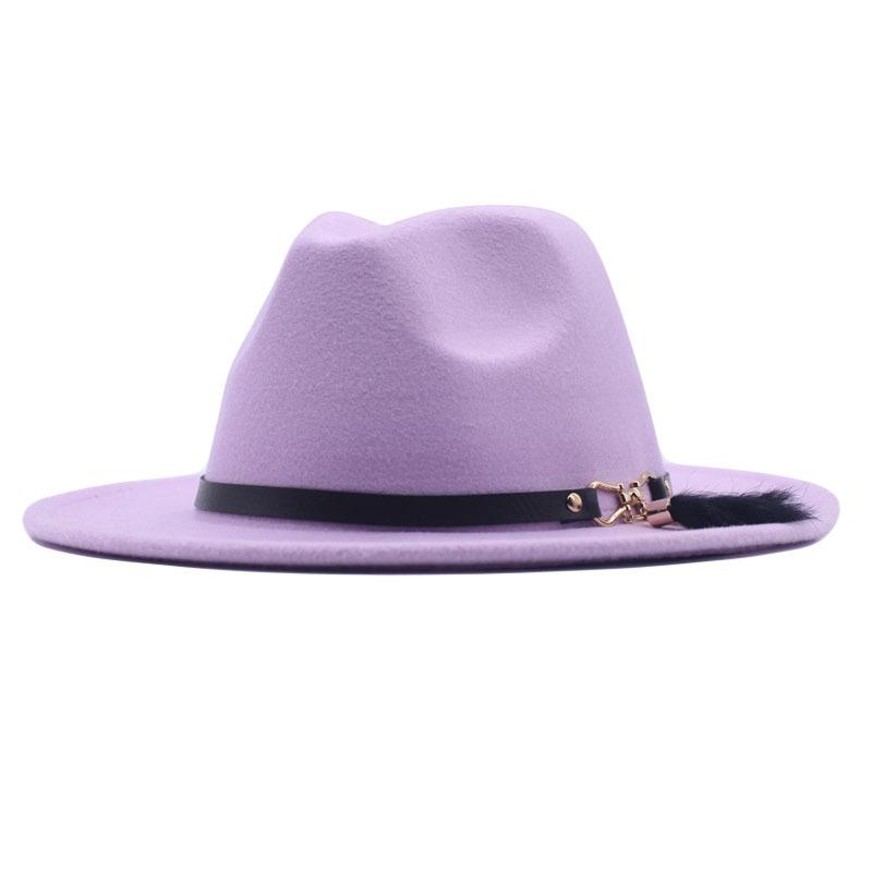 Autumn and winter woolen top hat British style classic flat edge jazz hat fashionable versatile women's hat metal buckle feather hat