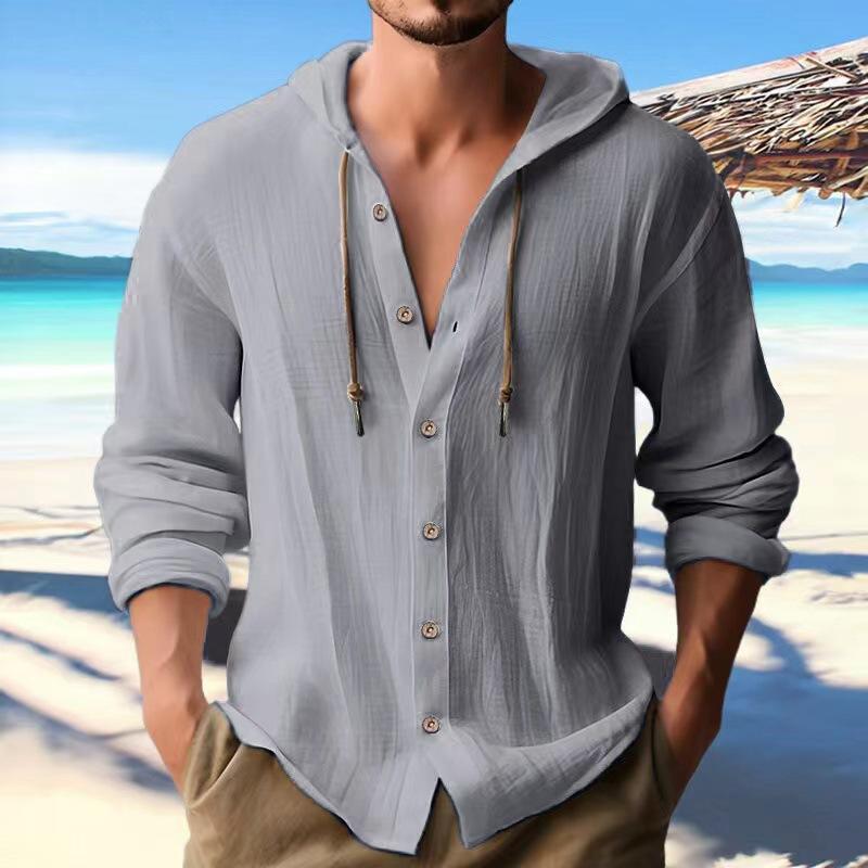 New Fashion Spring-Summer Men Hooded Shirt, Solid Color Cotton-Linen Casual Long-Sleeve Top