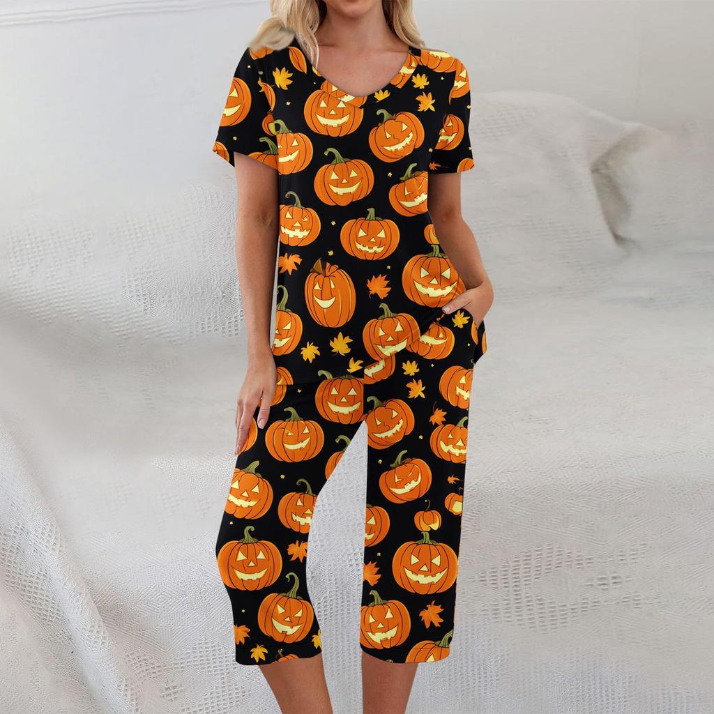 2 Piece Sets For Women Short Sleeve Top And Pants With Pockets Workout Soft Halloween Print Sets
