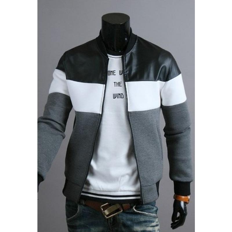 Autumn Mens Color Block Faux Leather Bomber Jacket Daily Wear