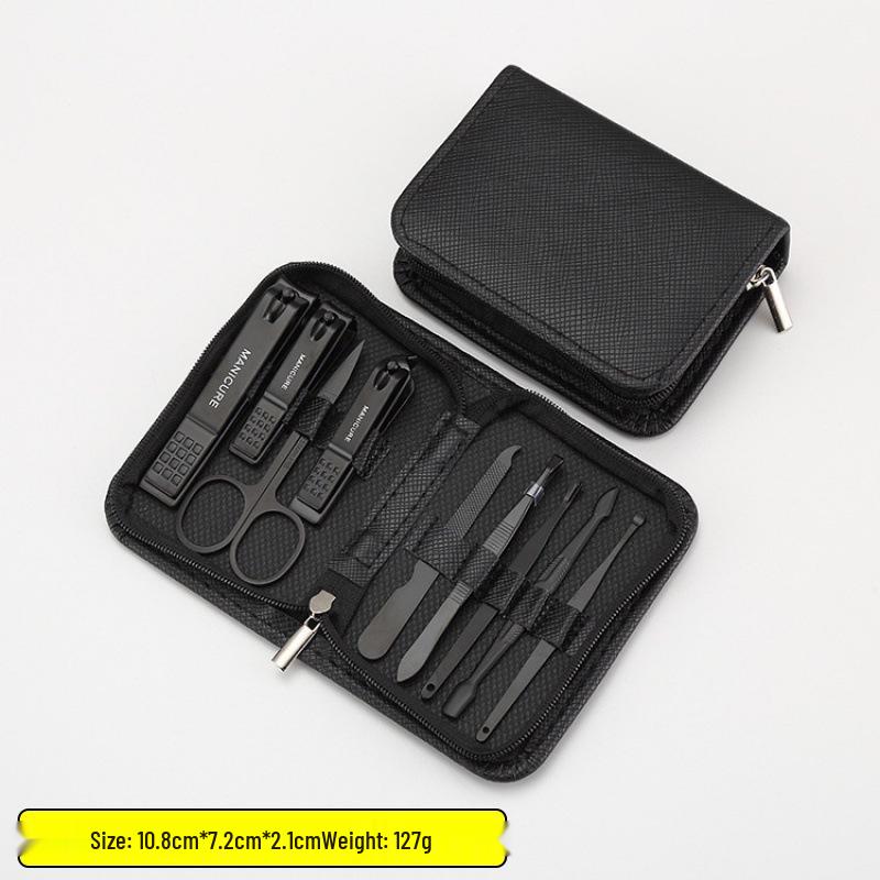 Dark Green Zipper Bag 6/9-Piece Beauty Set: Nail Clippers, Eyebrow Trimmer, Tweezers, Ear Spoon.