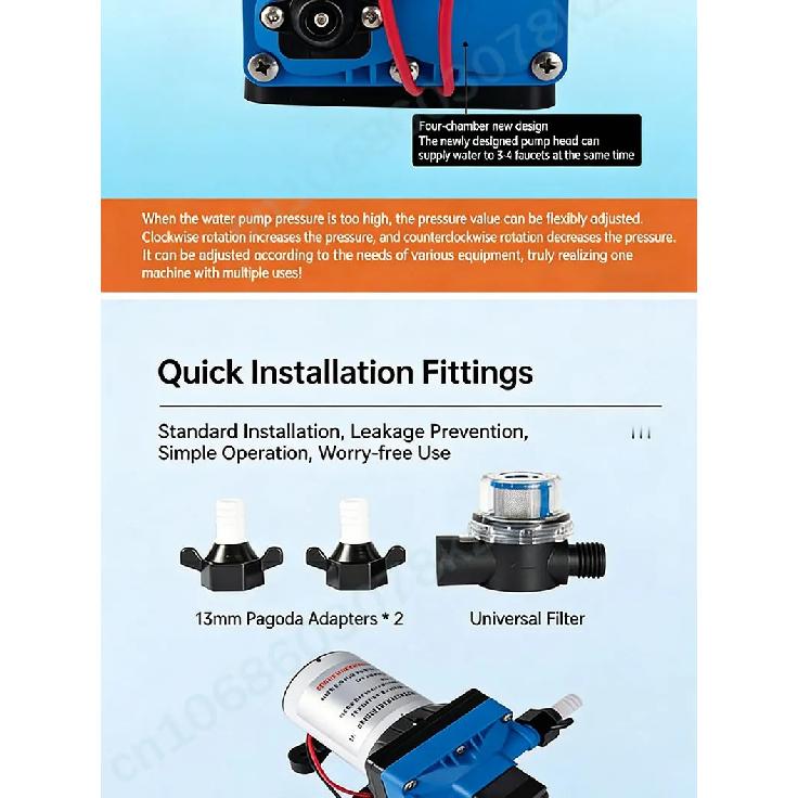 RV Water Pump - 12V/24V Self-priming Booster Pump - Horizontal Marine DC Miniature Electric High-pressure Diaphragm Pump