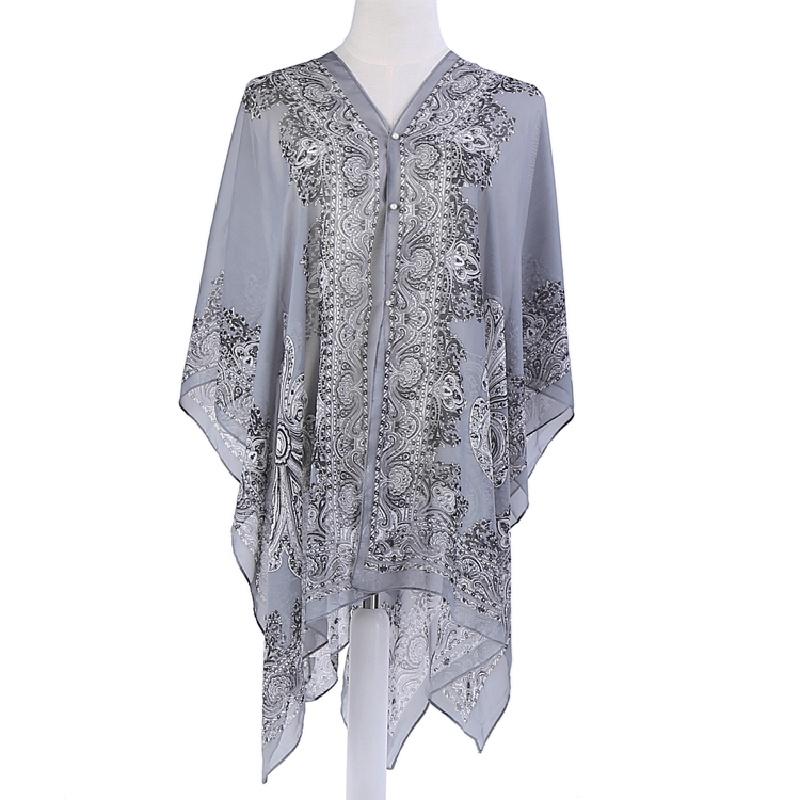 Elegant 2018 Women Chiffon Blouse Coat With Boho Floral Design For Beach Cover Up
