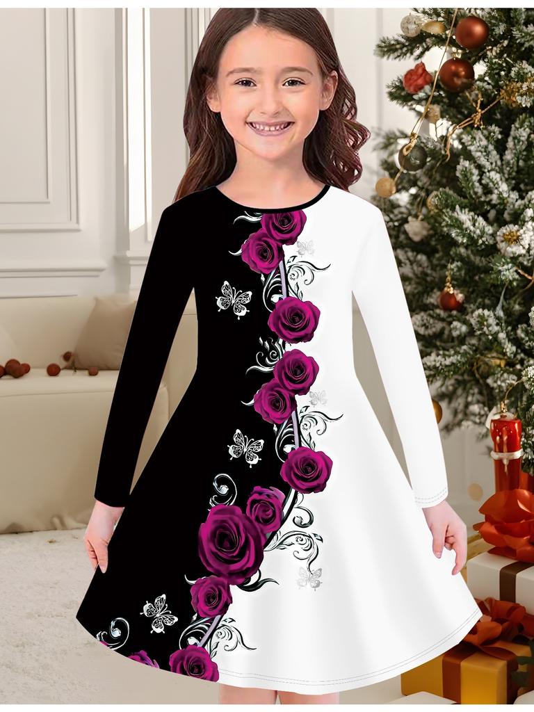 Mädchen Herbst- und Wintermodekleid, 3D-Blumendruck Rundhalsausschnitt Lang Kinder-T-Shirt-Kleid, Lässig Vielseitig, Weihnachtskleidung