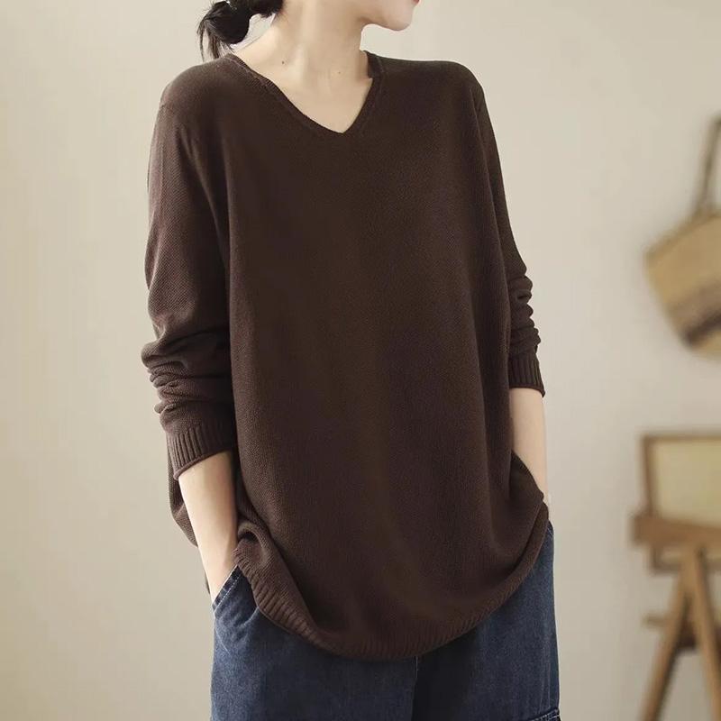 Top for Women Autumn Winter Large Size Loose Long Sleeve Knit Pullover V-Neck Loose-Fit Sweaters Top