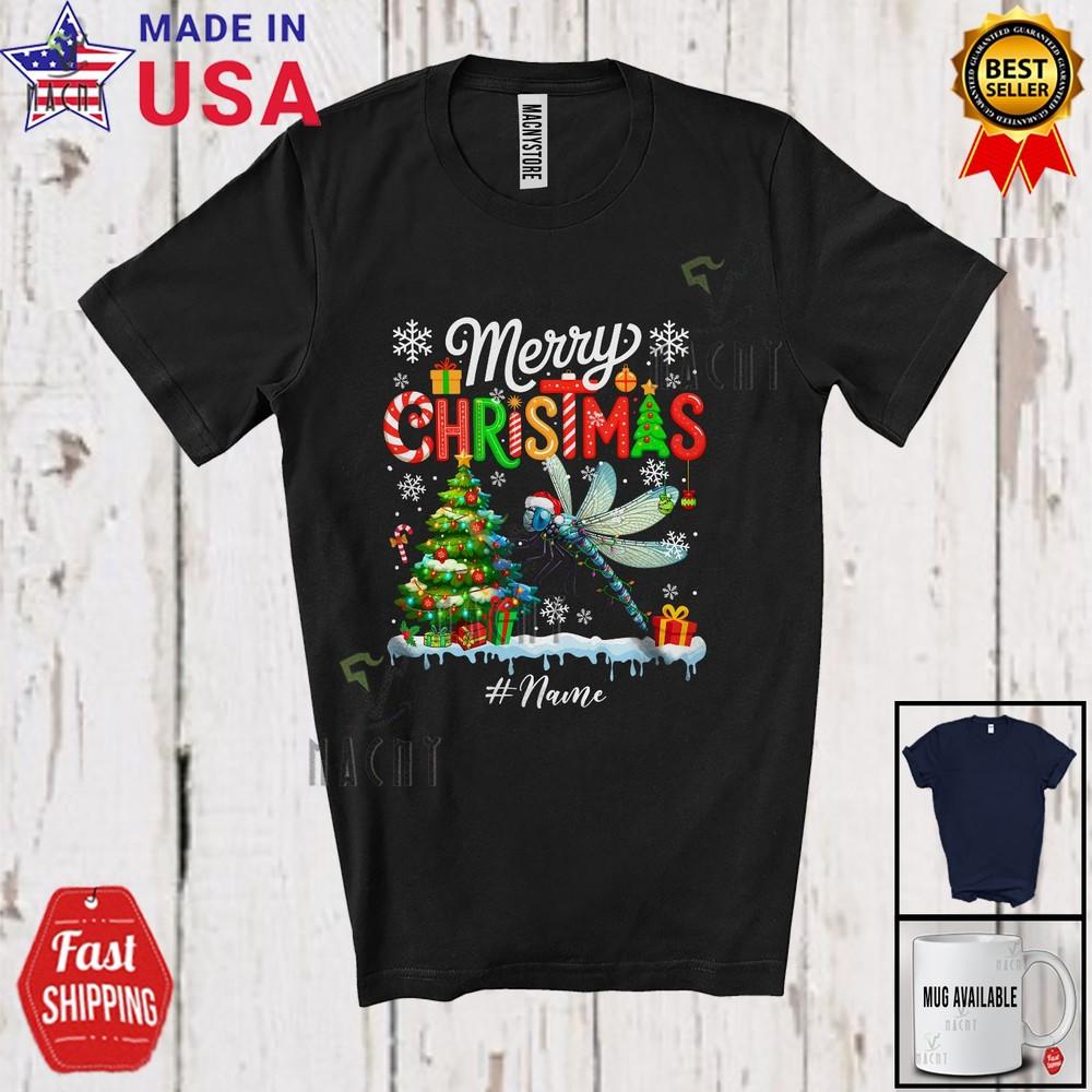 Custom Name Merry Christmas Santa Dragonfly Animal X-mas Lights Tree Shirt L