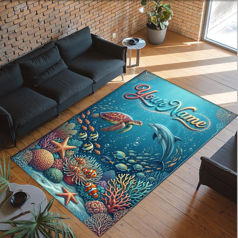 Mermaid Underwater Theme Crystal Velvet Rug Personalized Custom Name Text Soft Floor Mat Home Decor
