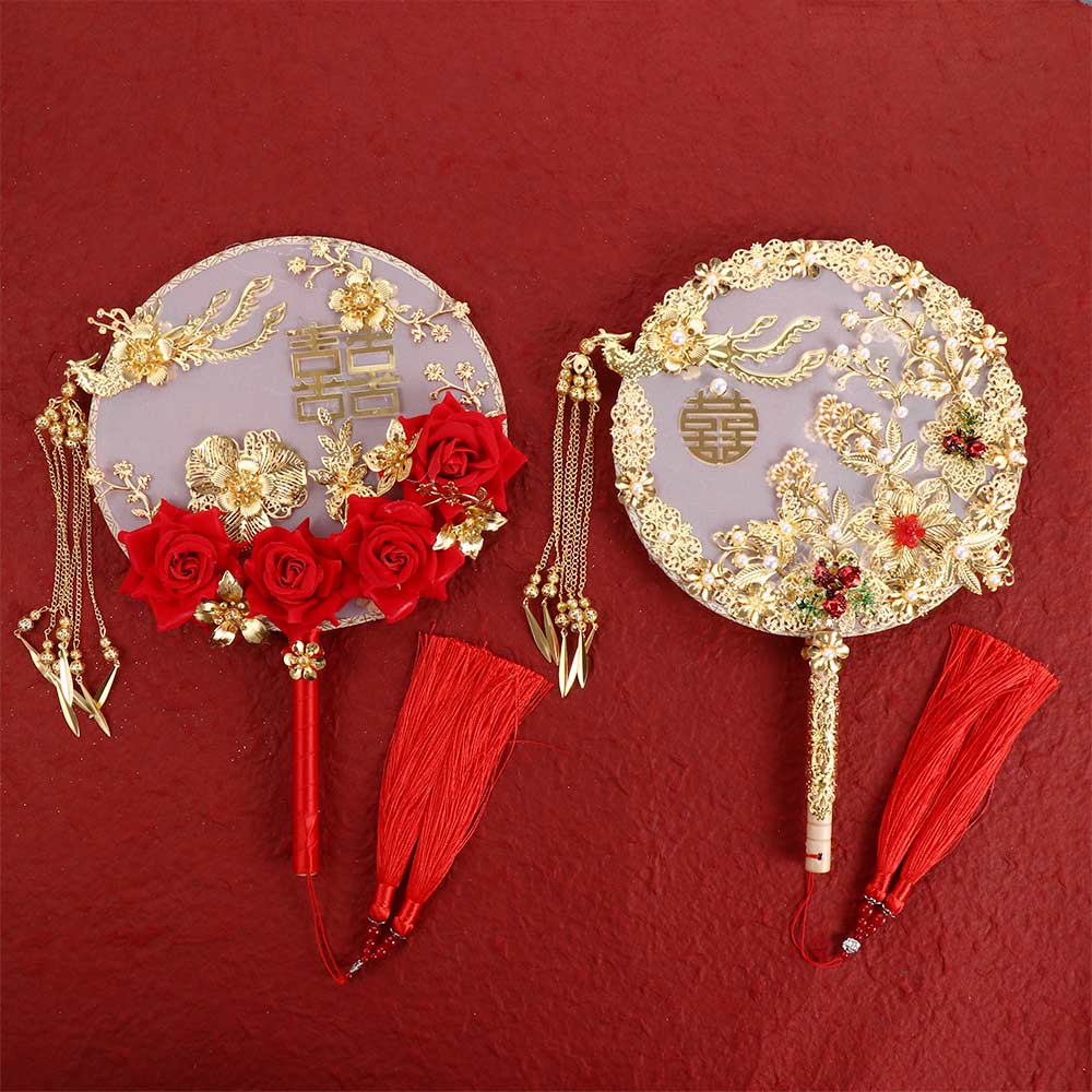 Vintage Decoration Prop For Bride Gold Red Bridesmaid Fan Bouquet Photography Ornaments Decor Craft