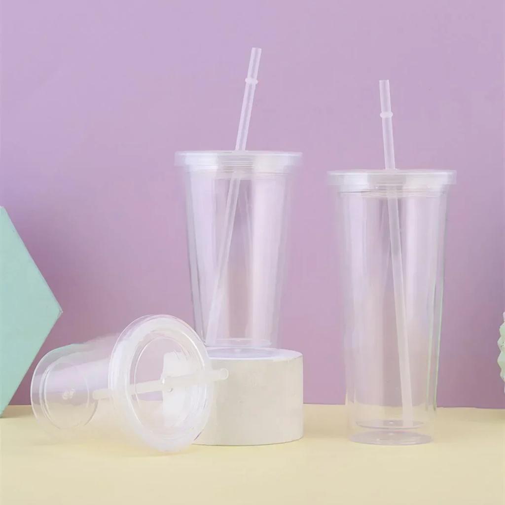 1pc-Reusable Double-layer Plastic Transparent Drinking Cup Water Bottle with Lid Straw Cup Outdoor Drink Tea Milk Mug Tools