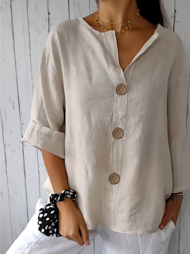 Fashionable Women's Casual Button-Up Shirt, Loose Fit, Perfect for Casual Wear or Vacation | Decorative Button Design Cotton and Linen Shirt