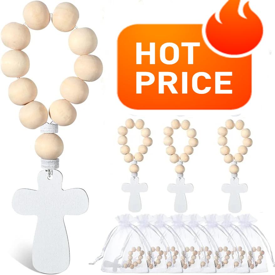 6/12/18PCS Wooden Rosary Wood Bulk Catholic with Crucifix Wooden Cross Pendant with White Mesh Bags for Baptism First Communion