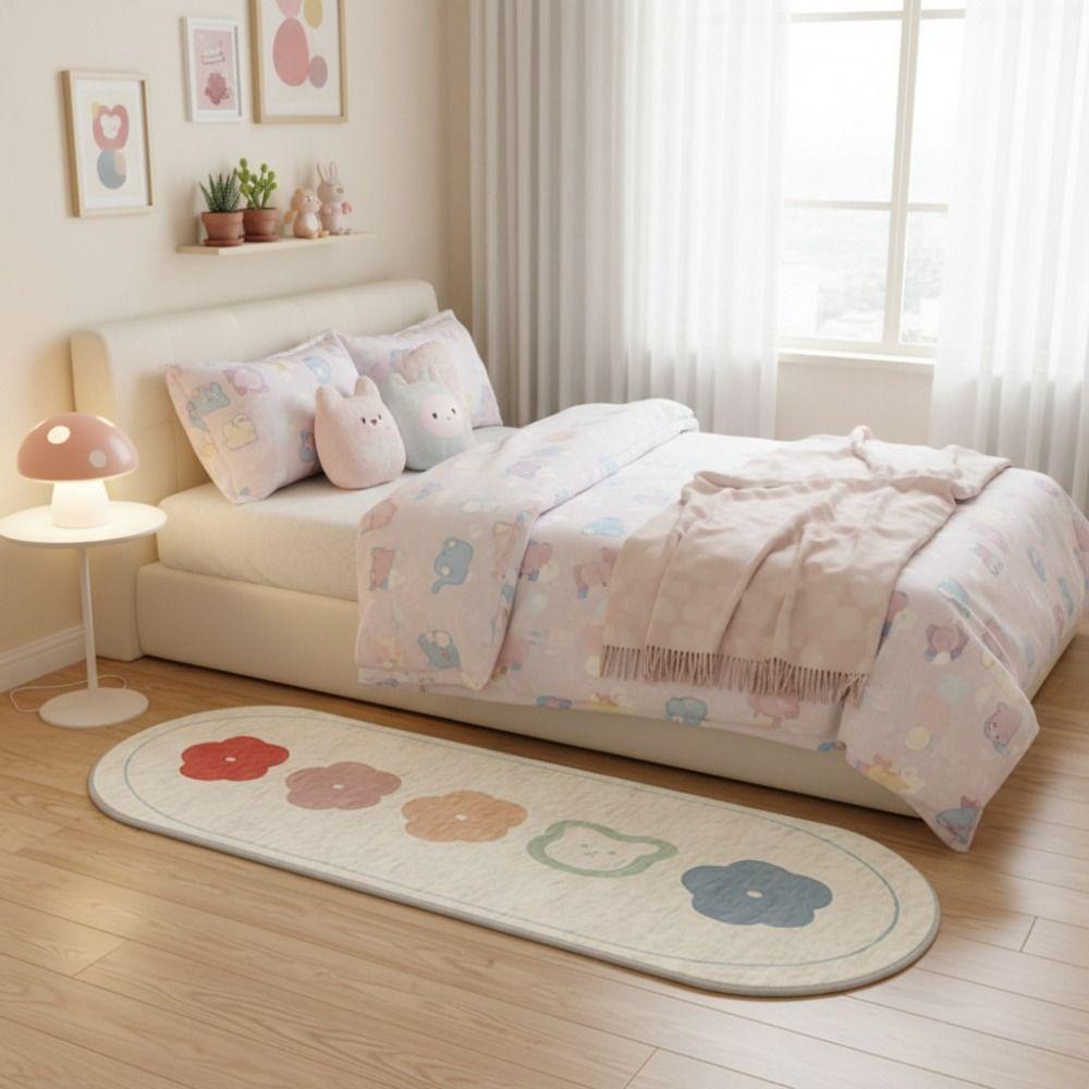 Plush Cartoon Pattern Bedside Carpet Long Strip Doormat Colorful Oval Bedroom Rug  Girl