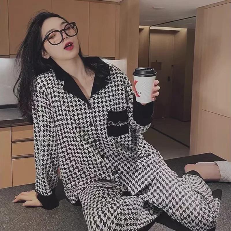 Hahnentritt Damen Langarm Pyjama Set, Frühling/Herbst, Lässiges Reversdesign