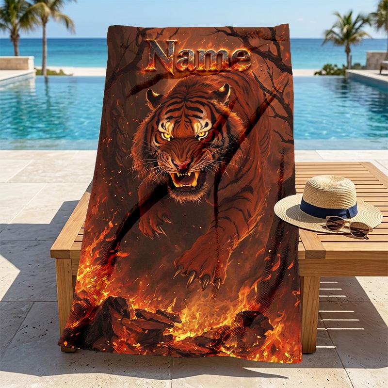 Custom Name Tiger Roar Stylish Digital Printing Beach Towel Quick‑Drying Absorbent Blanket for Beach Pool Gym Travel