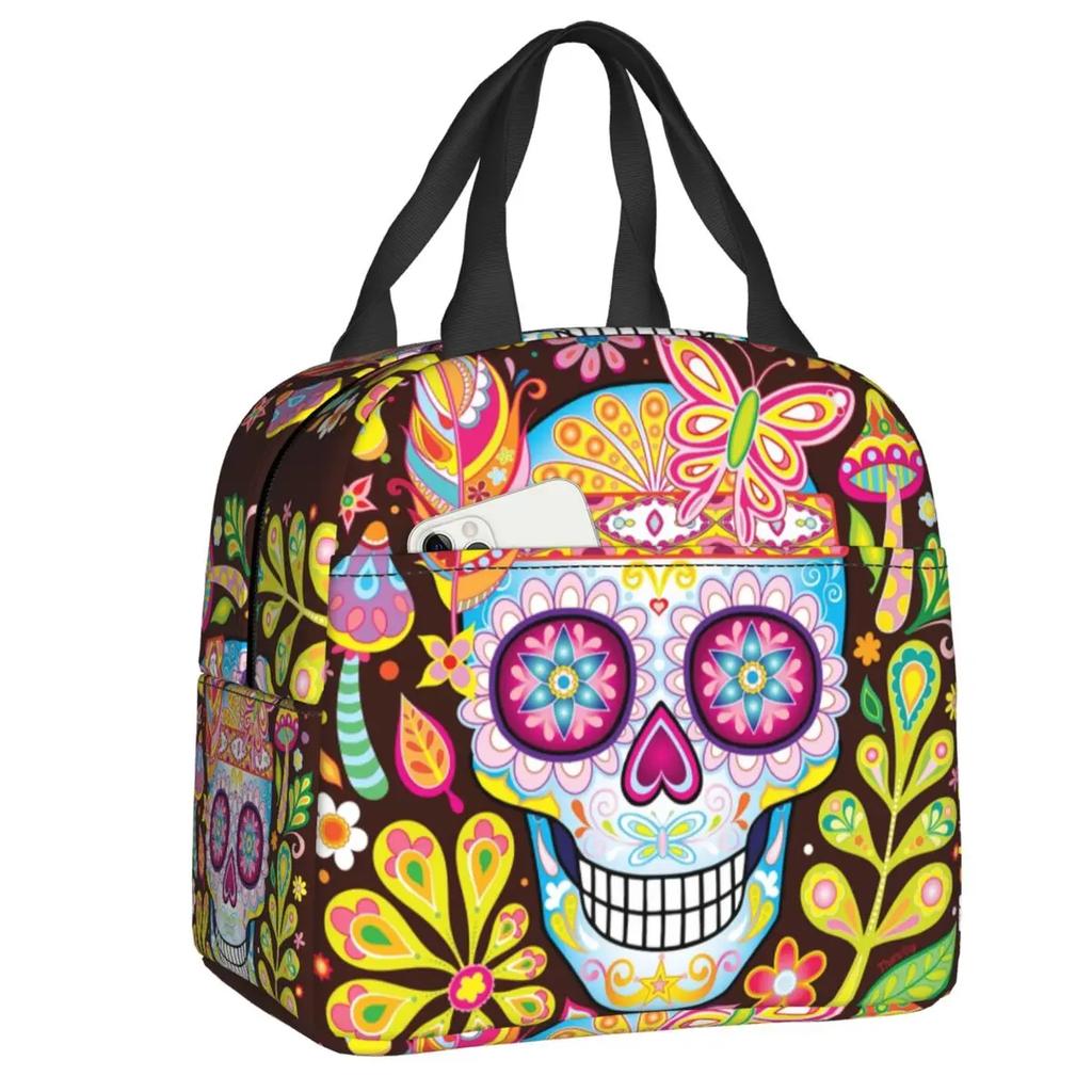 Mexican Sugar Skull Day Of The Dead Art Insulated Lunch Bags Women Resuable Thermal Cooler Food Lunch Box Outdoor Camping Travel