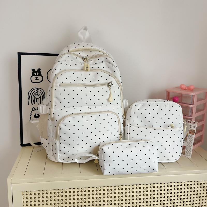 Nylon Polka Dot Girls Backpack Set Multi Compartment Zipper Closure Water Resistant Lightweight Bookbag for School Daily Use