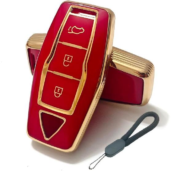 Key Fob Cover Compatible with Mitsubishi Outlander 2025 2024 2023 2022 Case Protector TPU with Little Lanyard 4 Buttons Gold Red