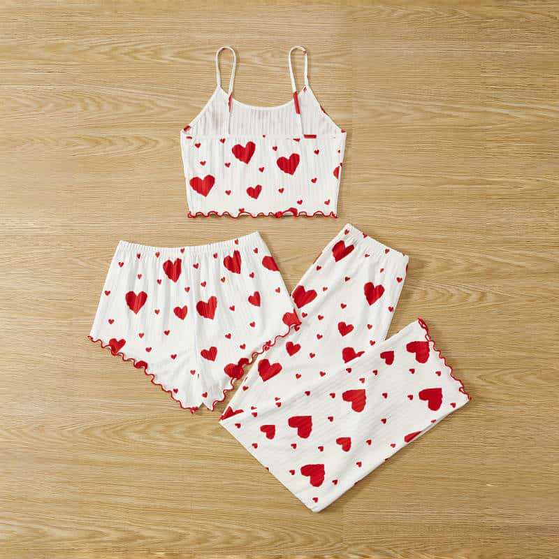 

Women’s Summer Sweet Three-Piece Pajama Set Heart Print Cami Top Short and Long Pants Loungewear Set XL червоний