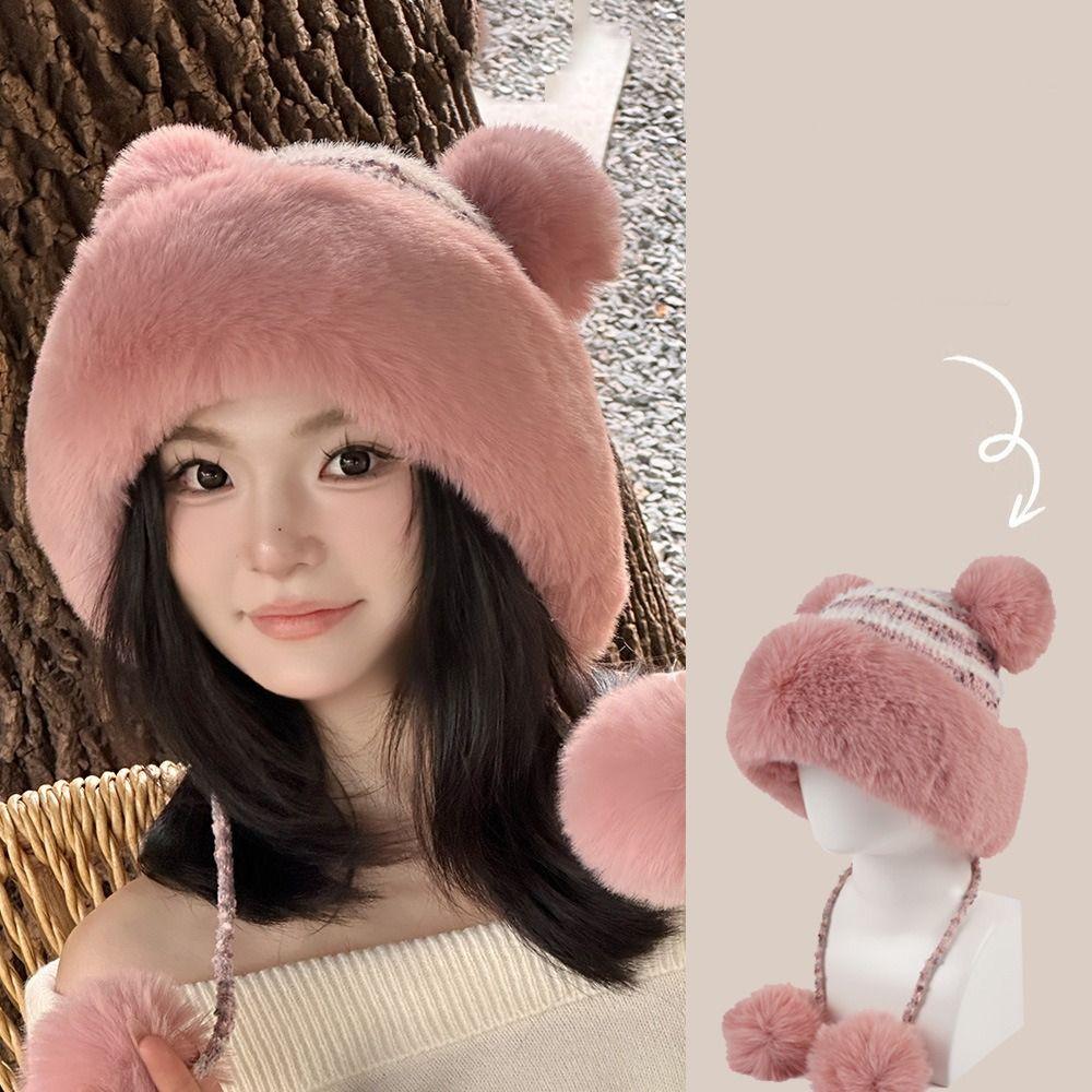 Thickened Plush Pompom Balls Cap Cute Ears Winter Warm Hat New Ear Protection Cap Autumn Winter