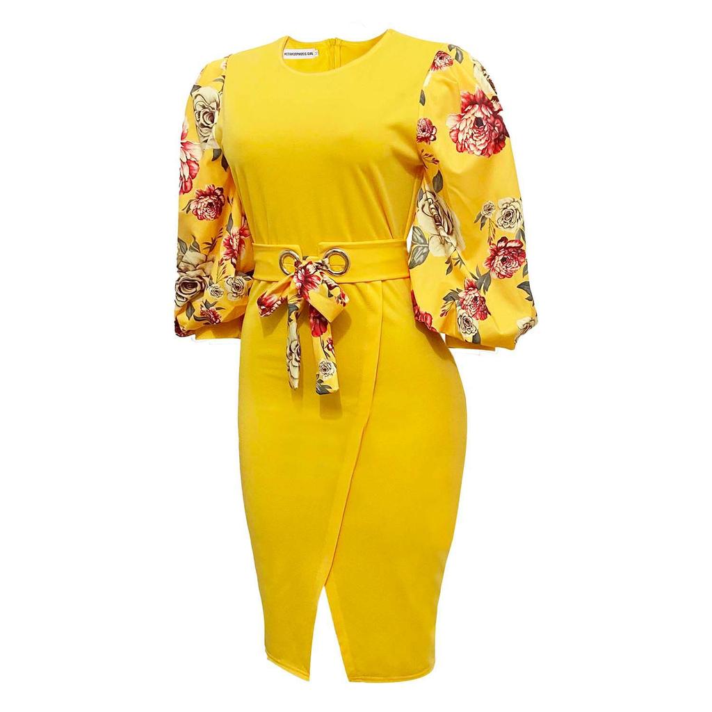 Grande taille femmes mode mince robe florale mi-longue lanterne manches robes de soirée