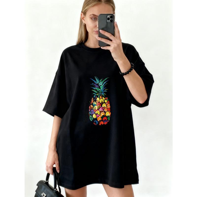 Oversized T Shirt Dress Black Colorful Pineapple Print Casual Summer Wear