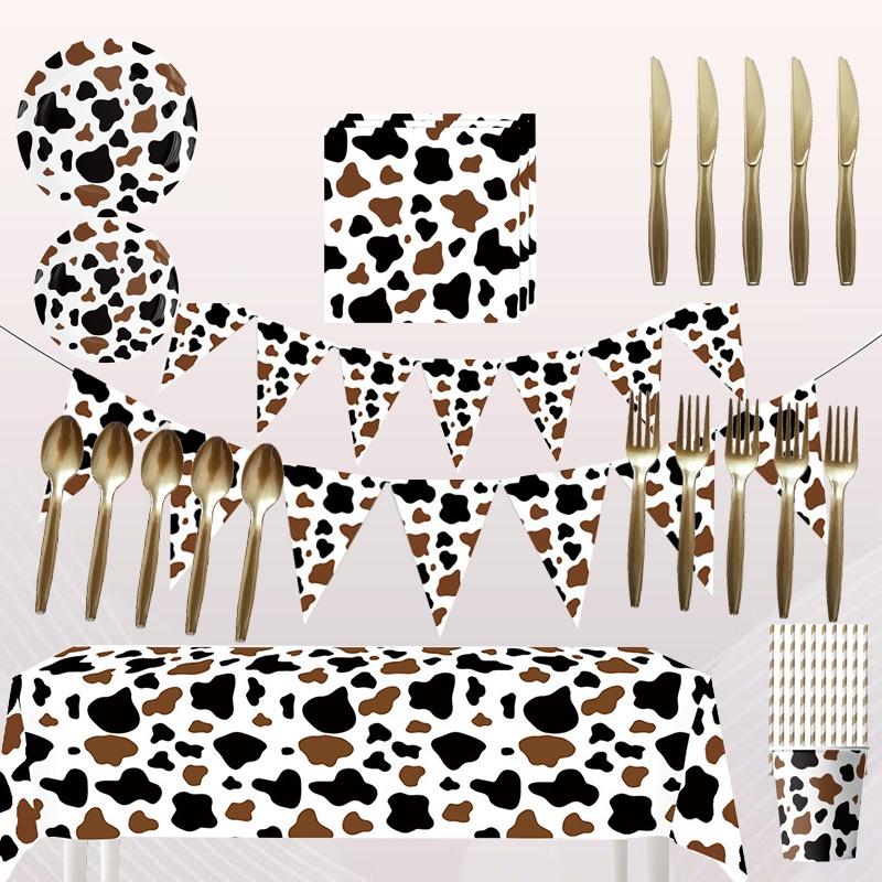 High-quality Party Tableware Set Black Brown Cow Print Paper Plates Cups And Utensils