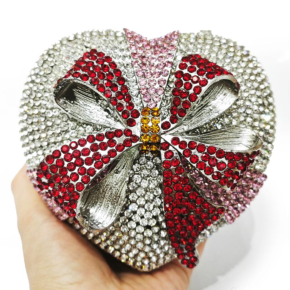 New Heart-Shaped Bow Gift Box Evening Bag Crystal Purse For Luxury Women Rhinestone Clutch Wedding Bridal Clutches Diamond Bags 12.5cmX12cmX6cm