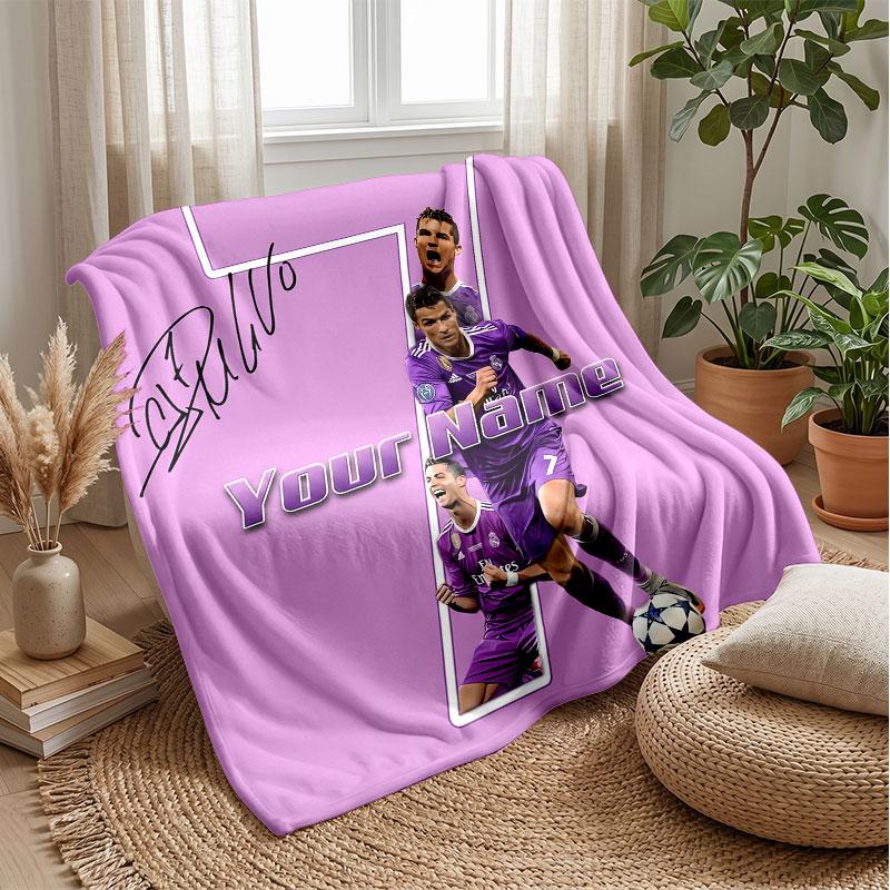 Coperta in Flanella Personalizzata con Nome Cristiano Ronaldo Logo Calcio Coperta Plaid in Pile Personalizzata Regalo Speciale per Divano Camera da Letto Casa