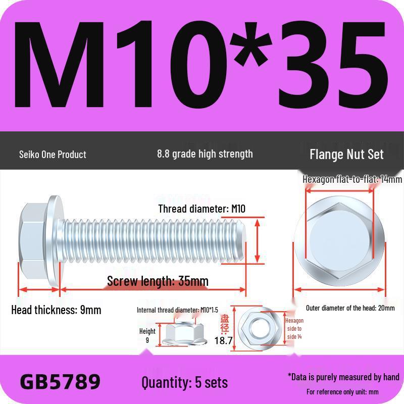 8.8 Grade Hex Flange Bolt and Nut Set with Anti-slip Washer: M5, M6, M8, M10 Assortment