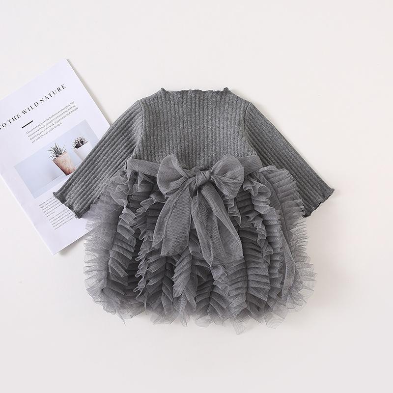 

Детское платье, весеннее детское трикотажное платье с длинными рукавами и бантом для девочек, детская одежда, марлевое платье 110cm серый