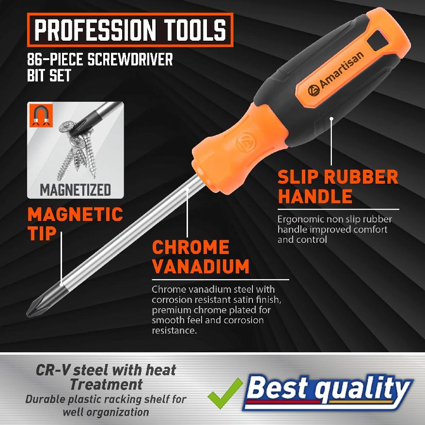 86-Piece Professional Screwdriver Set - Magnetic Tip with 40 Bits & 20 Drill Bits, Chrome Vanadium Steel for Precision Repair